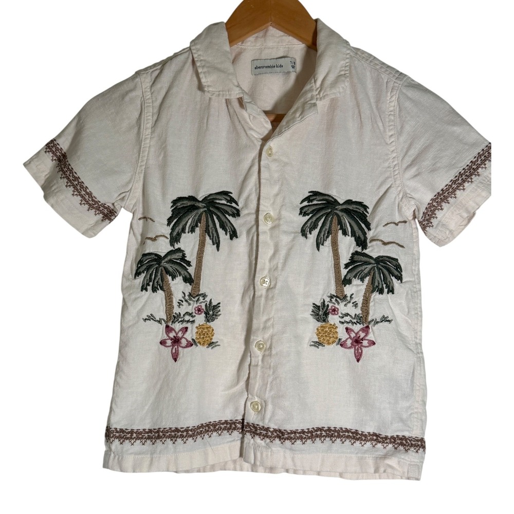 Abercrombie Kids Boys Linen Blend Palm Tree Button‎ Down Resort Shirt White 7/8